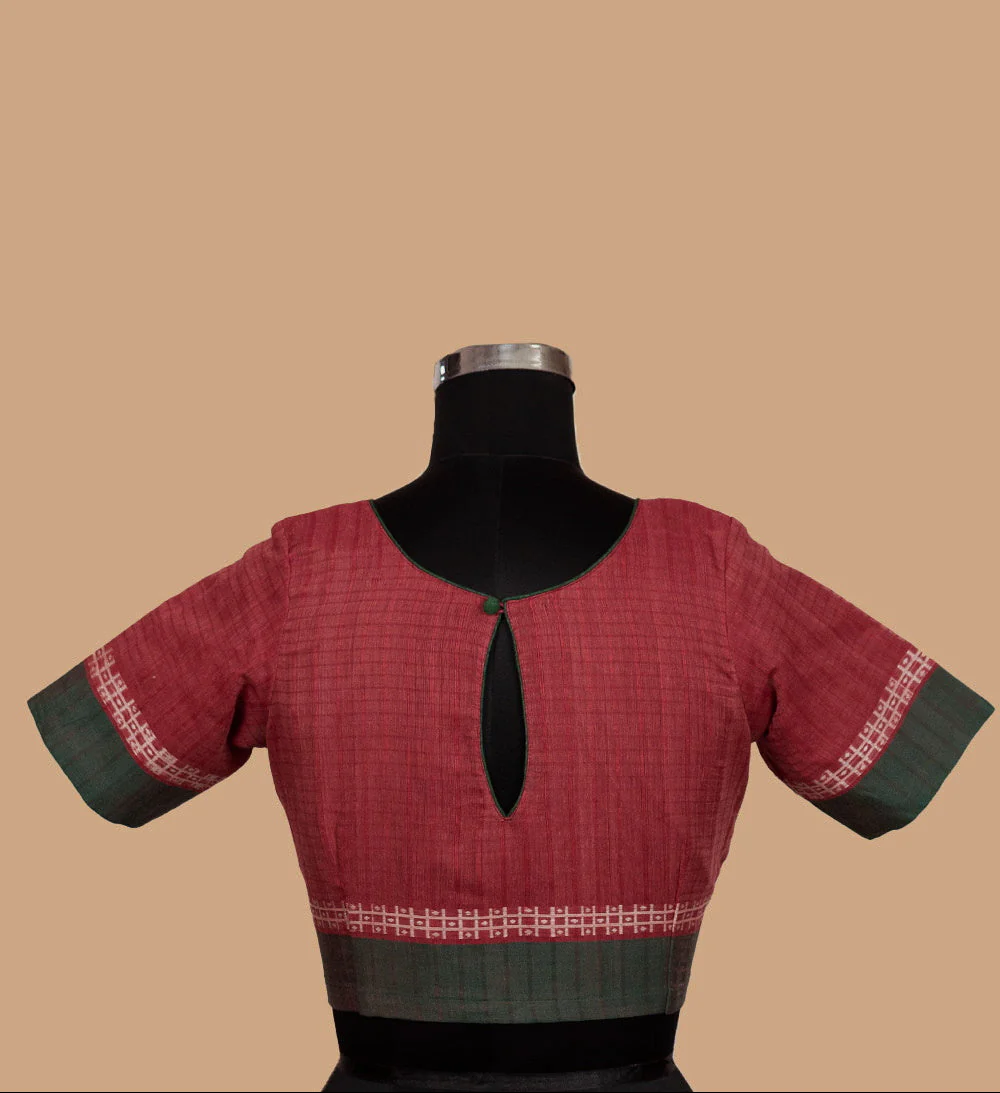 Maroon with Green Handwoven Stitched Blouse -32,34,36,38,38,40,42