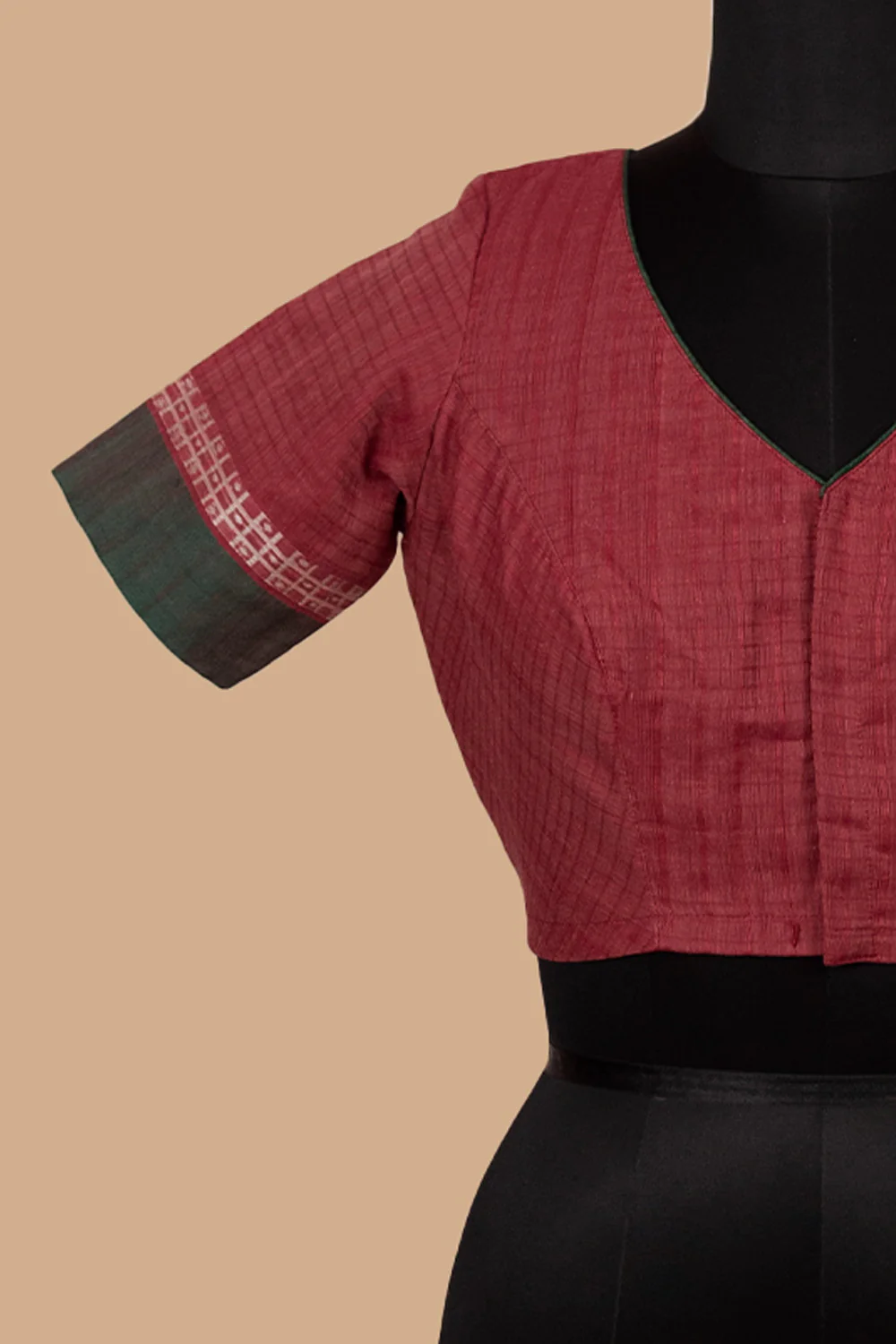 Maroon with Green Handwoven Stitched Blouse -32,34,36,38,38,40,42 - Image 4