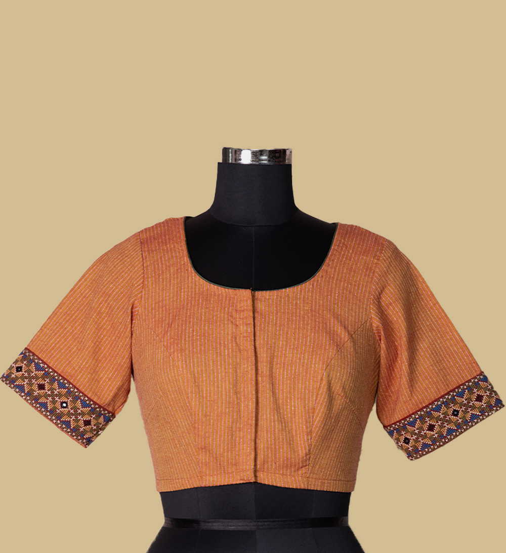 Ribbed Rust Orange Kutch Embroidered Cotton Blouse 36,38,40,42 - Image 3
