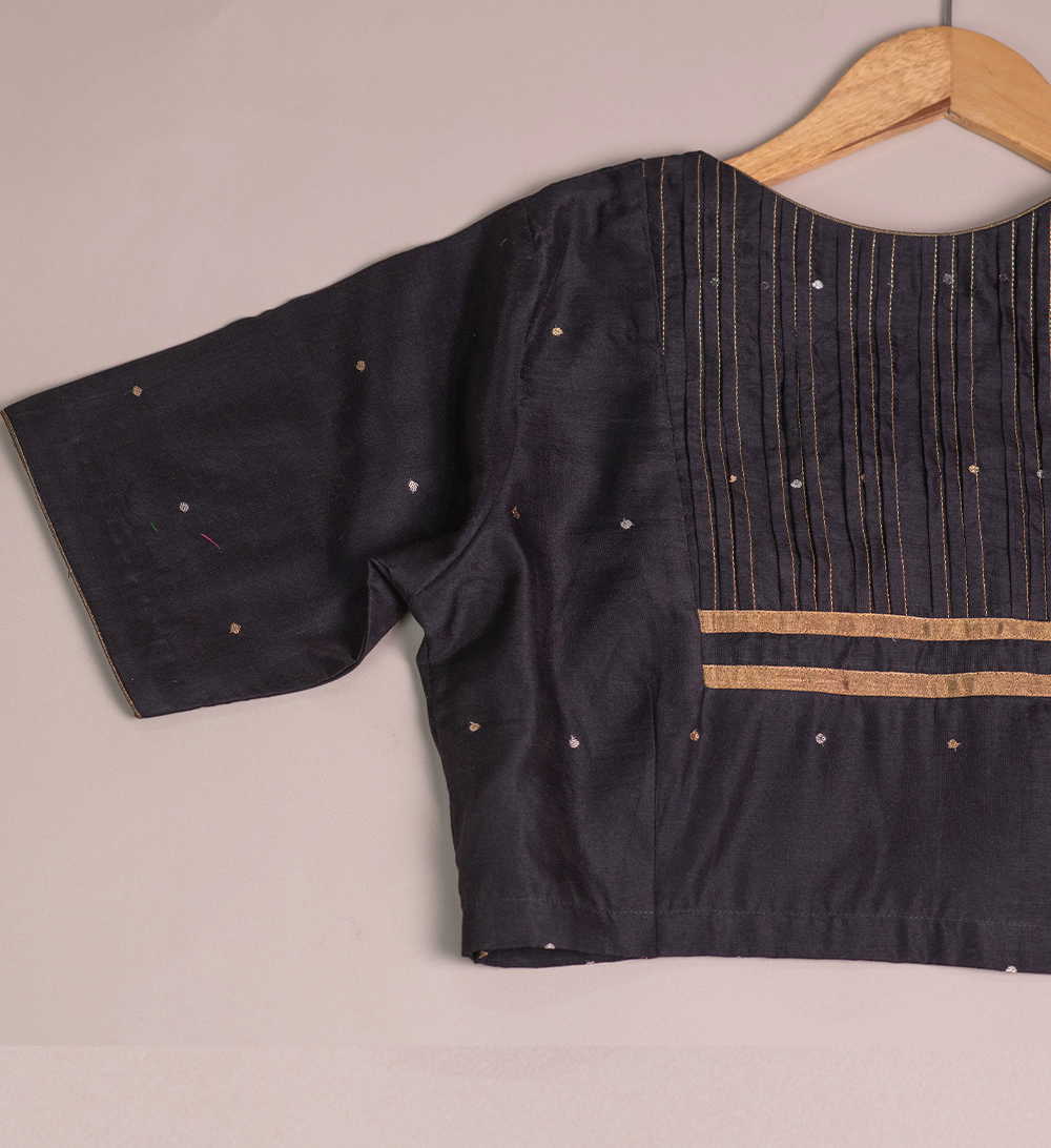 Black Chanderi Pintuck Silk Cotton Blouse 32,34,36,38,40,42