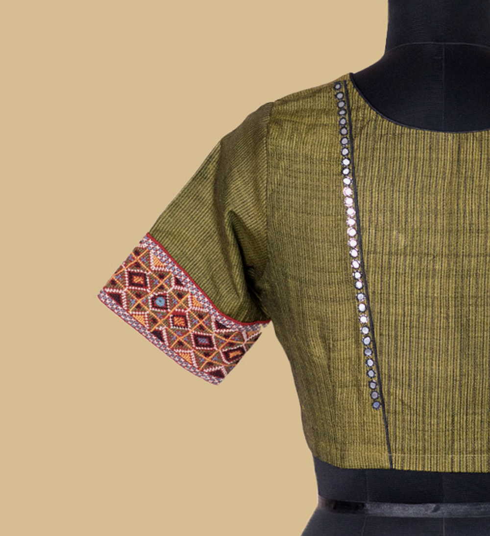 Khaki green Handspun Tussar Kutch Embroidered Blouse 32,34,36,38,40,42 - Image 6