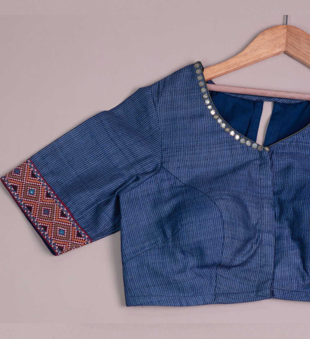Striped Blue Handspun Tussar Kutch Embroidered Padded Blouse 36,38,40,42 - Image 2