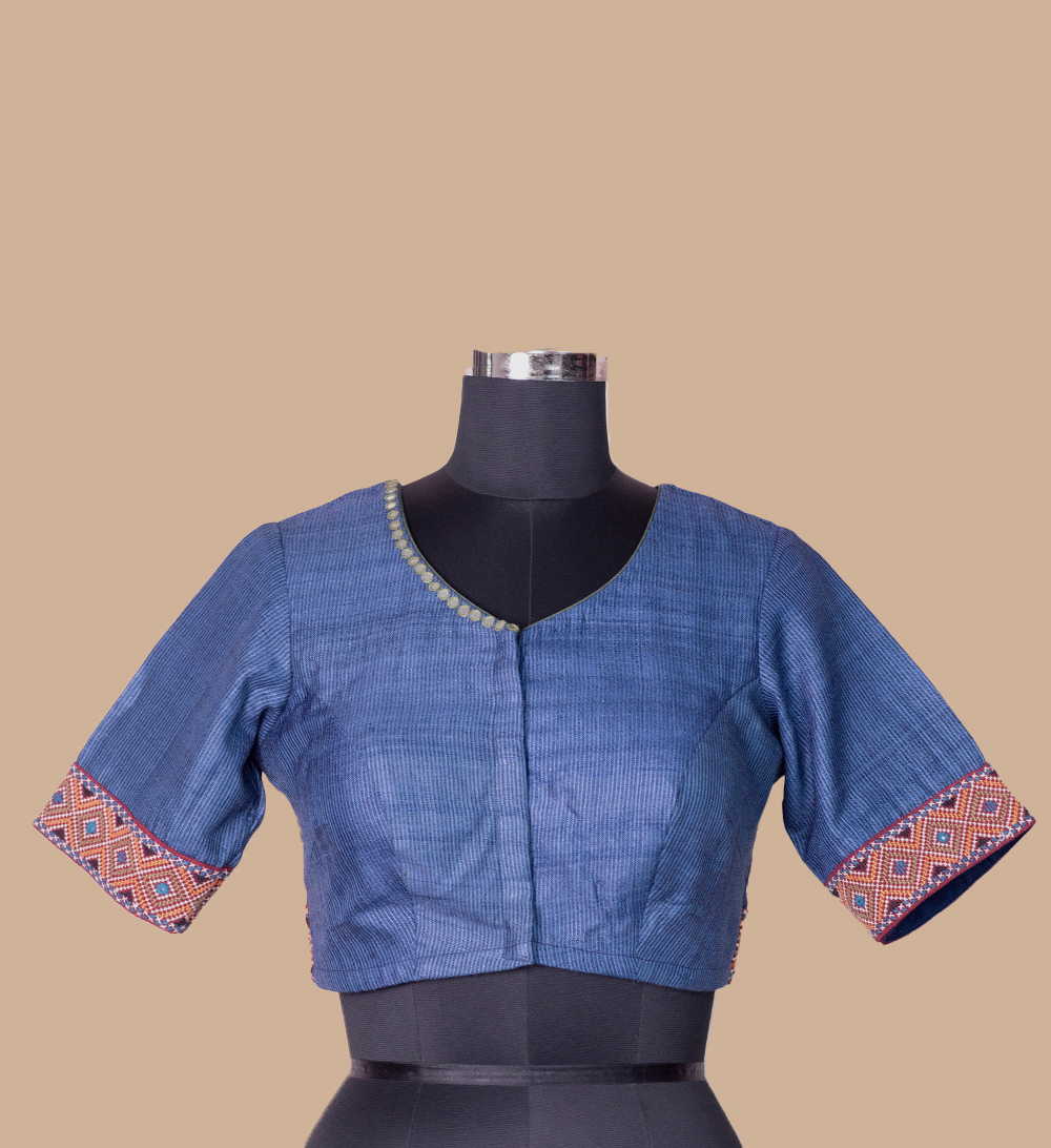 Striped Blue Handspun Tussar Kutch Embroidered Padded Blouse 36,38,40,42 - Image 5
