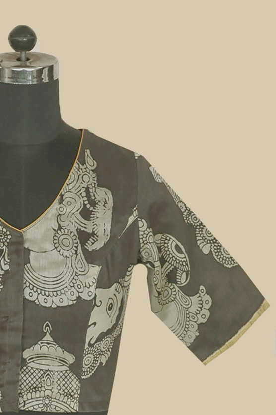 Grey with V Front Neck Kalamkari Stitched Blouse 34, 36, 38 & 40 - Image 4