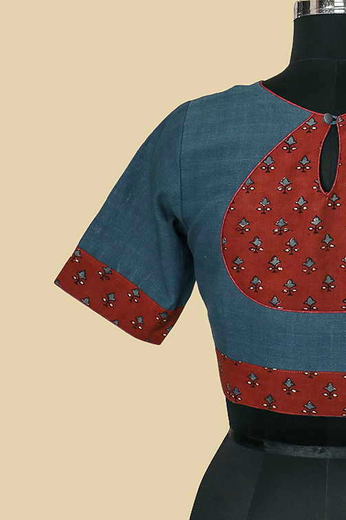 Blue Handspun with Ajrak Stitched Blouse 32,34,36,38,40,42 - Image 4