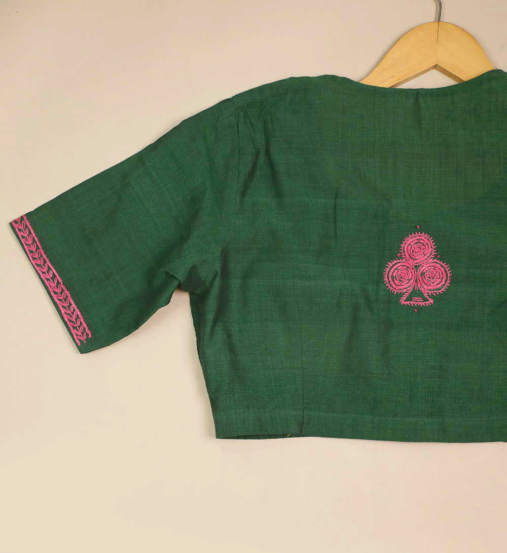 Green Mangalagiri Hand Embroidered Stitched Blouse 32,34,36,38,40,42