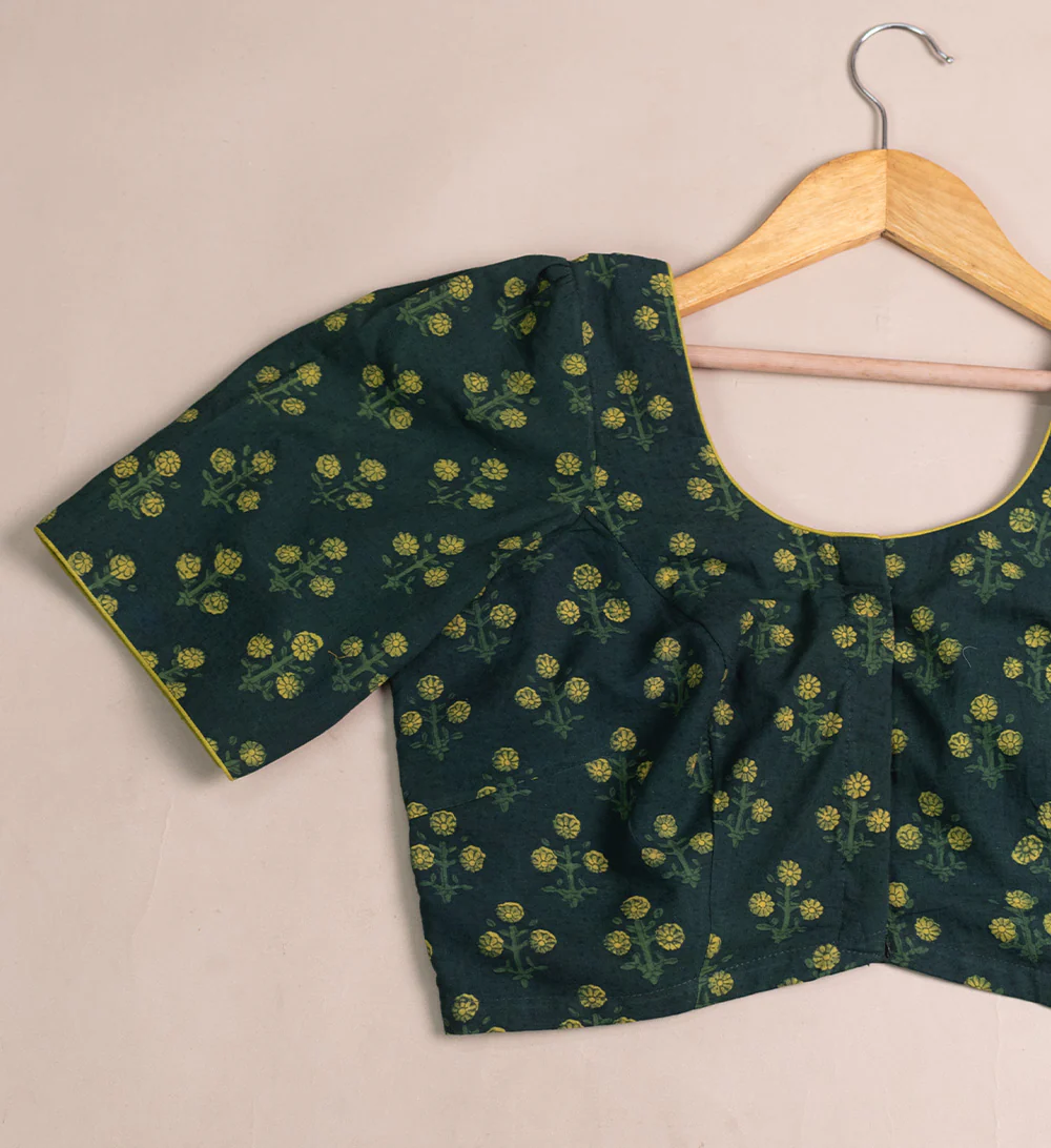 Dark Green Block Printed Puff Slevee Stitched Blouse- 34,36,38,40,42 - Image 2