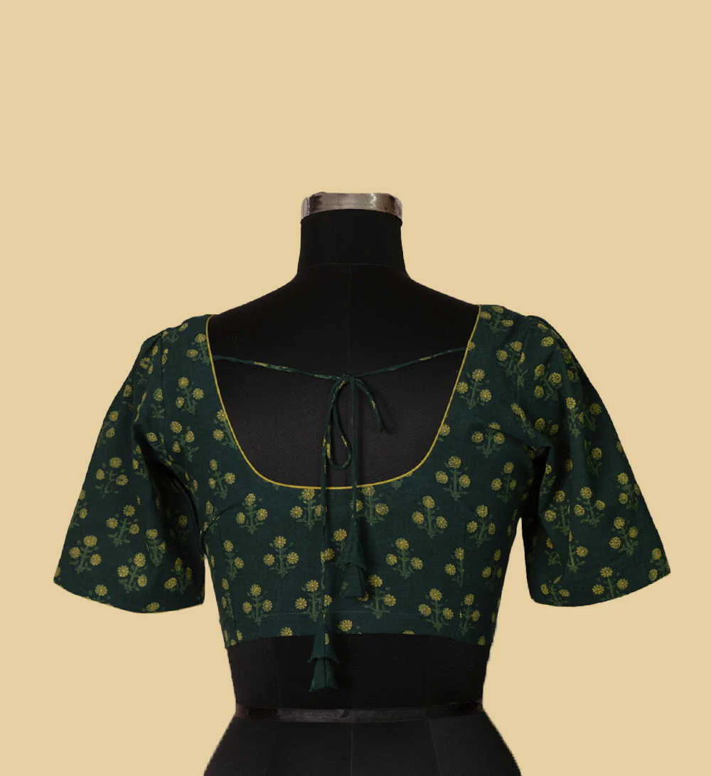Dark Green Block Printed Puff Slevee Stitched Blouse- 34,36,38,40,42 - Image 4