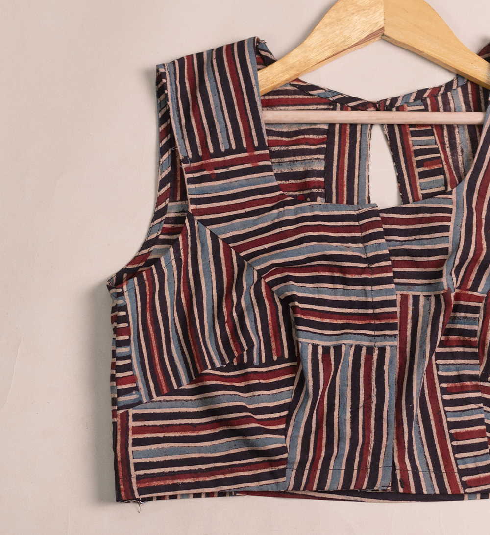 Sleeveless Ajrak V Neck Stitched Blouse - 34,36,38,40,42 - Image 2