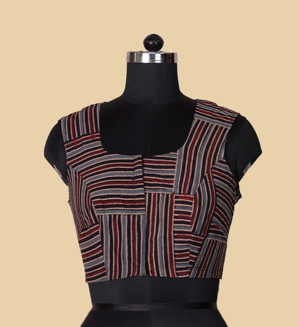 Sleeveless Ajrak V Neck Stitched Blouse - 34,36,38,40,42 - Image 3