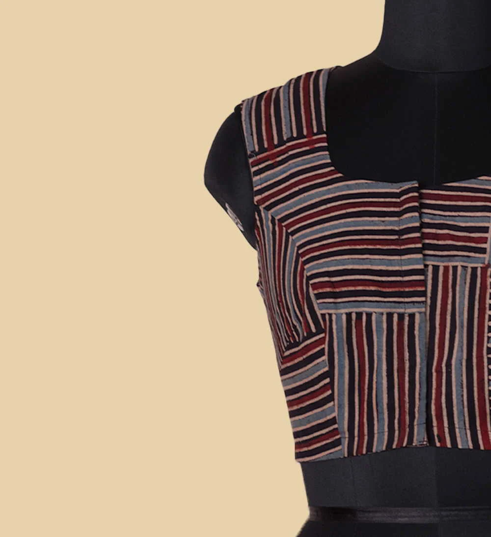 Sleeveless Ajrak V Neck Stitched Blouse - 34,36,38,40,42 - Image 4