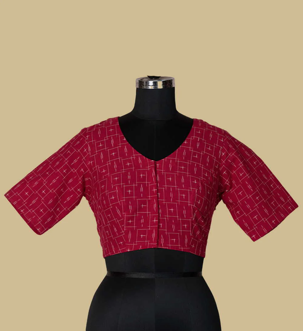 Candy Red Pochamally Ikat Stitched Blouse - 32,34,36,38,40,42 - Image 3