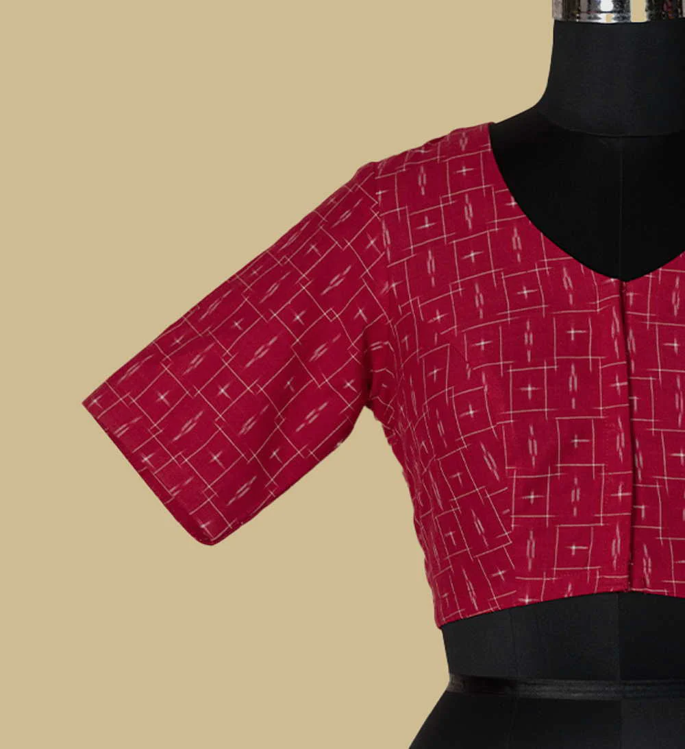 Candy Red Pochamally Ikat Stitched Blouse - 32,34,36,38,40,42 - Image 5