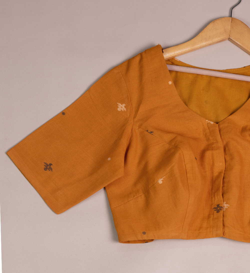 Mustard Jamdani with a V Back Hem Stitched Blouse - 32,34,36,38,40,42