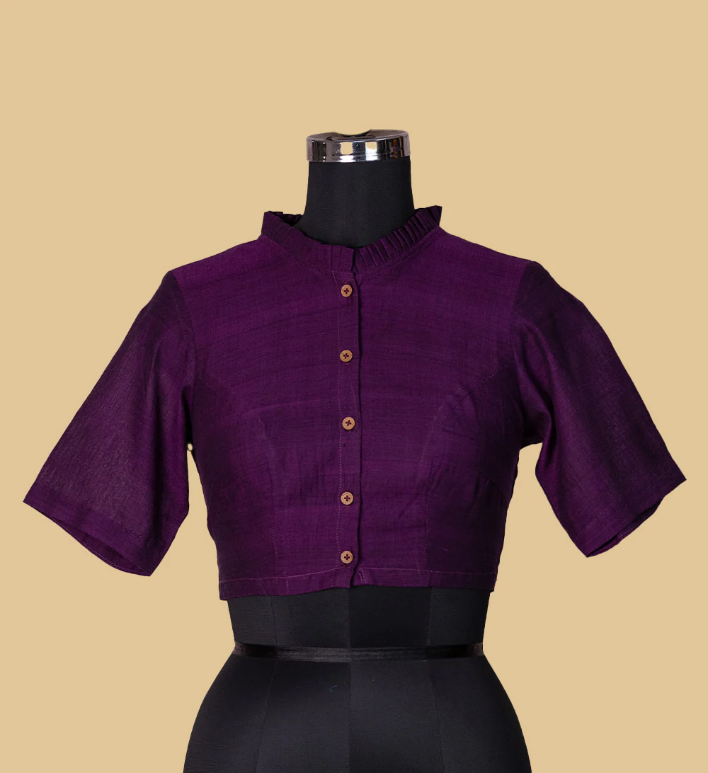Deep Purple Mangalgiri Ruffle Neck Stitched Blouse - 32,34,36,38,40,42 - Image 4