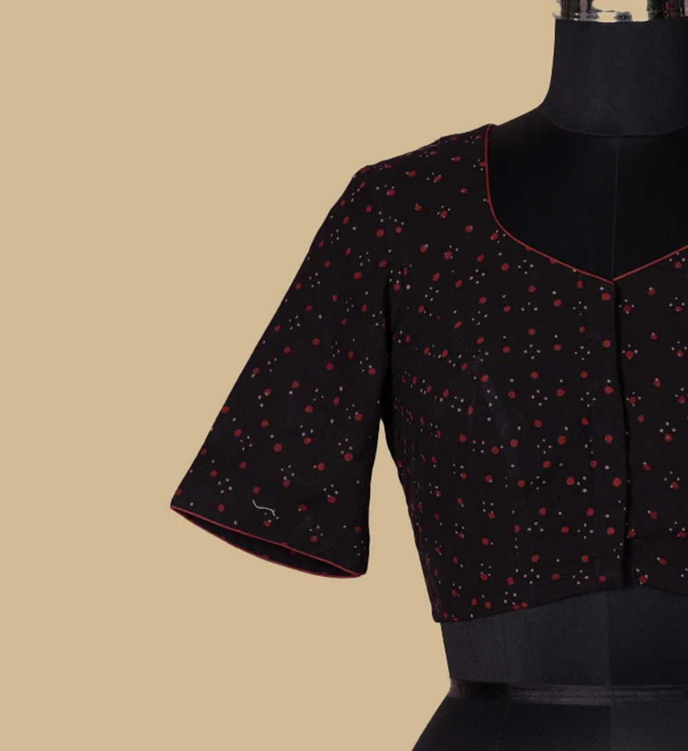 Black Ajrak with Potli Buttons Stitched Blouse - 32,34,36,38,40,42 - Image 6