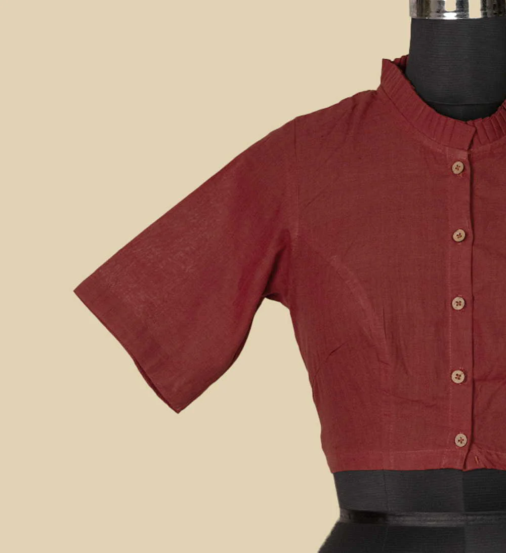 Brick Maroon Ruffle Neck Mangalagiri Stitched Blouse - 32,34,36,38,40,42