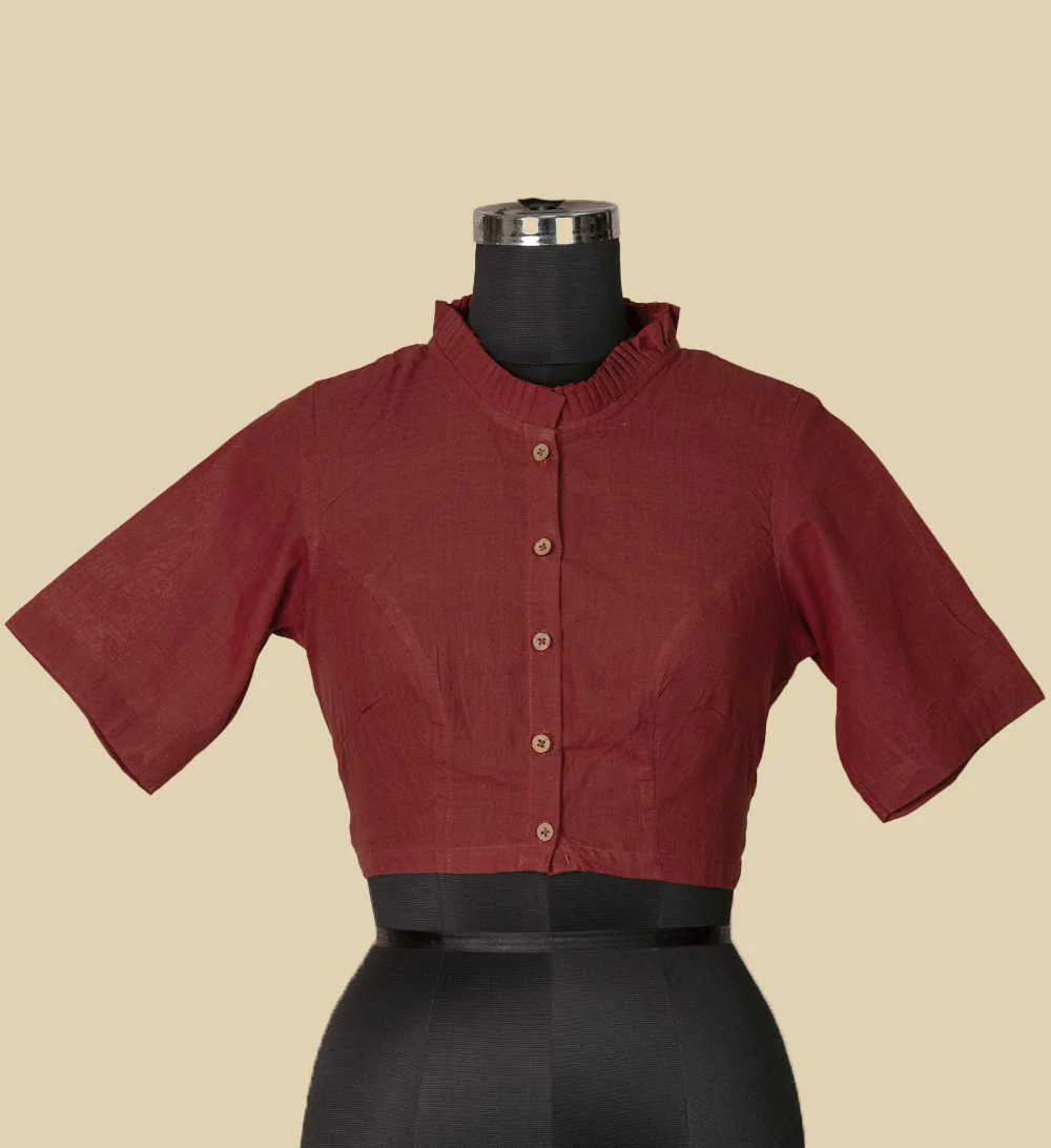 Brick Maroon Ruffle Neck Mangalagiri Stitched Blouse - 32,34,36,38,40,42 - Image 4