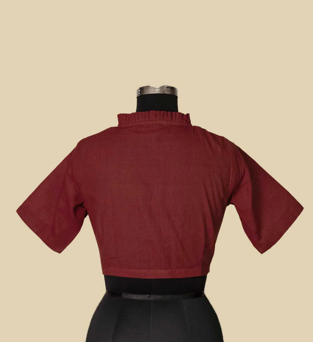 Brick Maroon Ruffle Neck Mangalagiri Stitched Blouse - 32,34,36,38,40,42 - Image 5