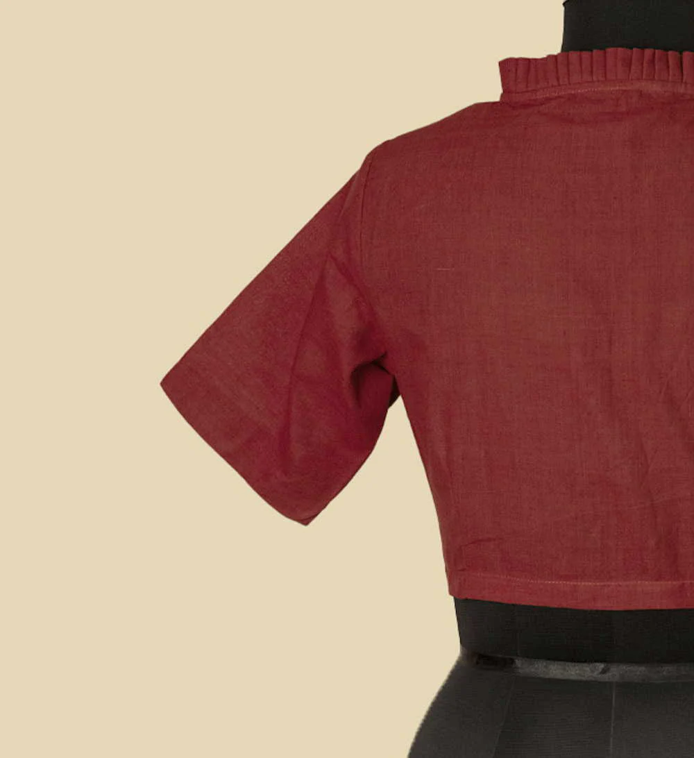 Brick Maroon Ruffle Neck Mangalagiri Stitched Blouse - 32,34,36,38,40,42 - Image 6