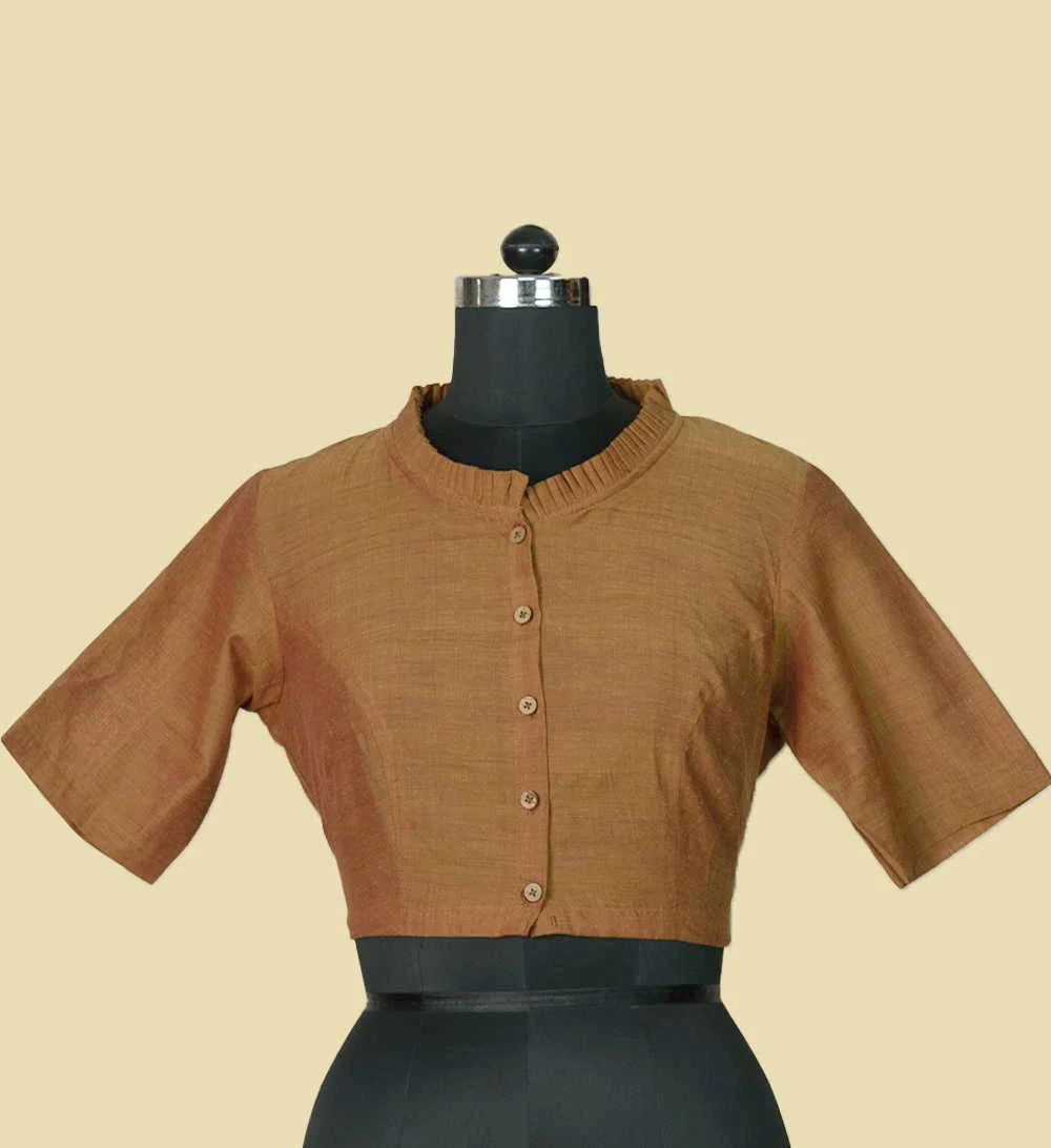 Rust Orange Ruffle Neck Mangalagiri Stitched Blouse - 34,36,38,40,42 - Image 4