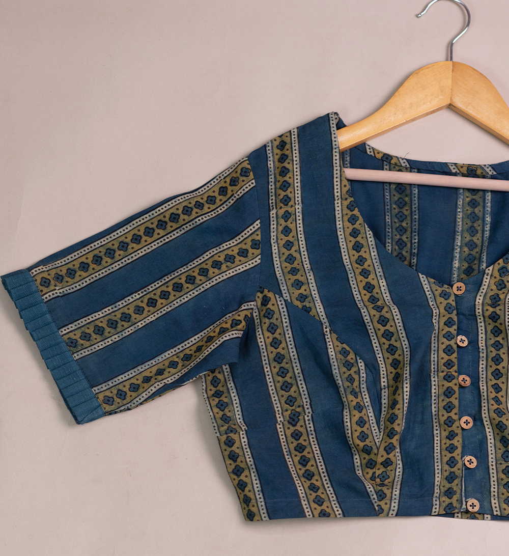 Blue Ajrak V Neck Stitched Blouse - 38,40,42
