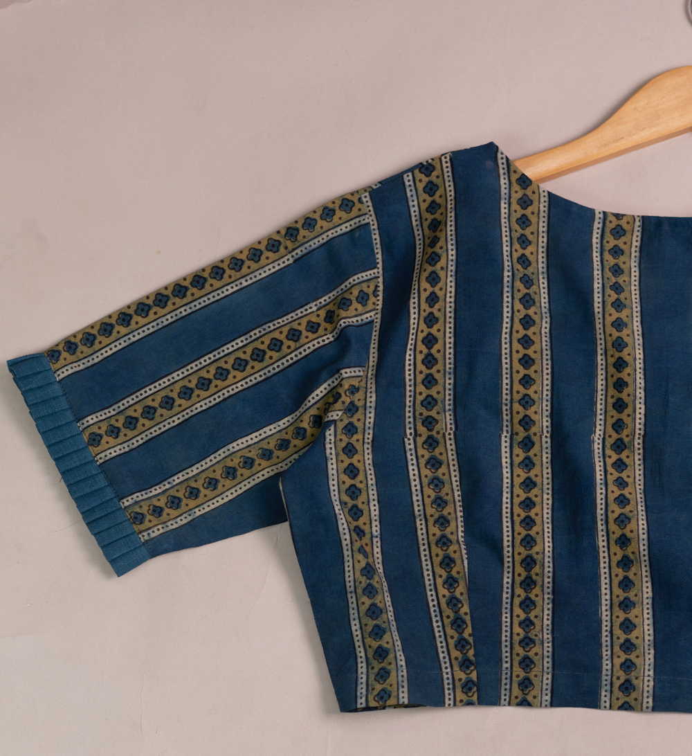 Blue Ajrak V Neck Stitched Blouse - 38,40,42 - Image 2