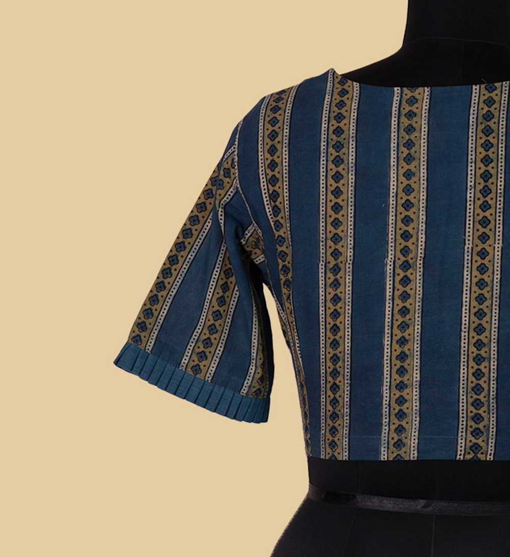 Blue Ajrak V Neck Stitched Blouse - 38,40,42 - Image 6
