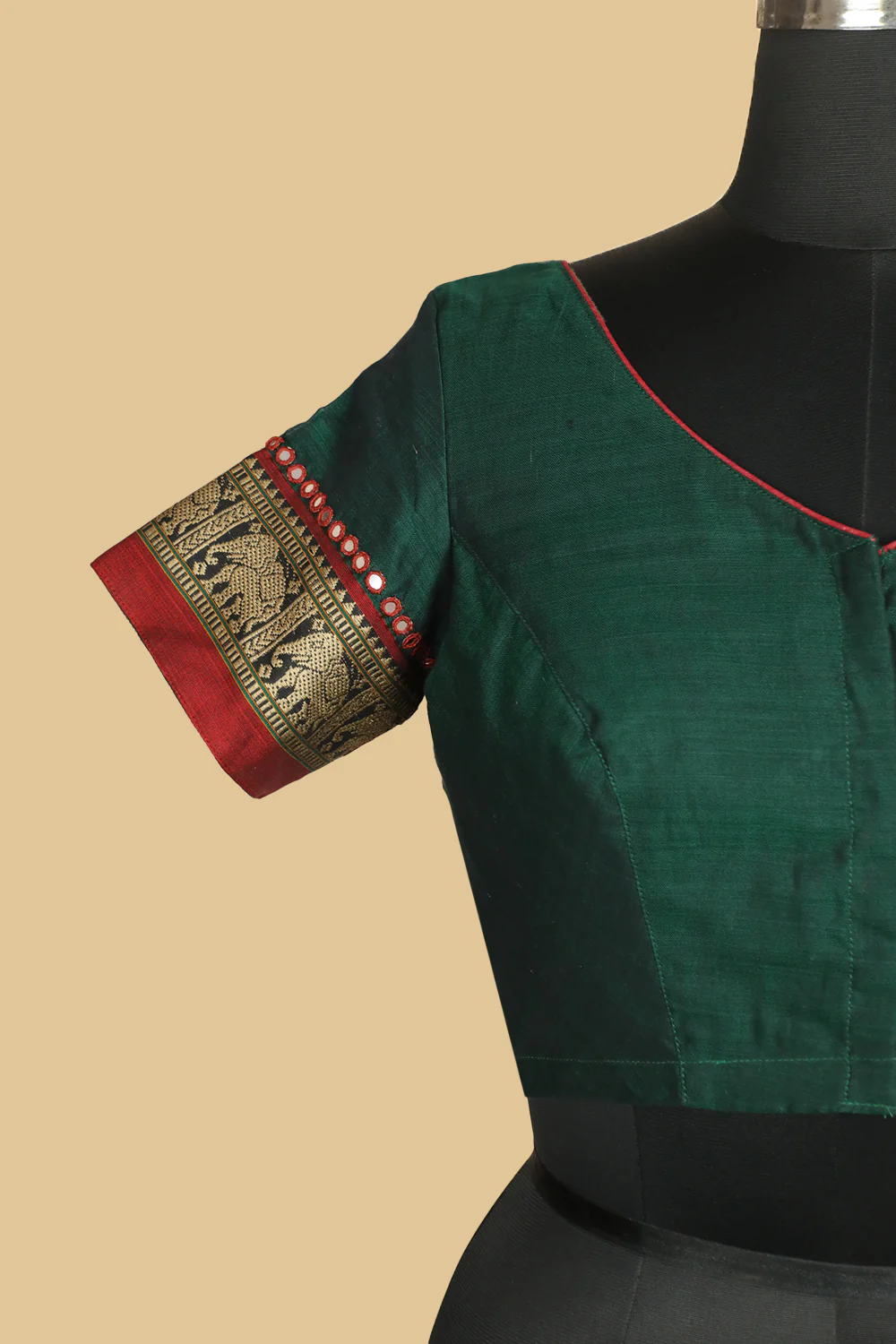 Dark Green Narayanpet Stitched Blouse- 34,36,38,40,42 - Image 3