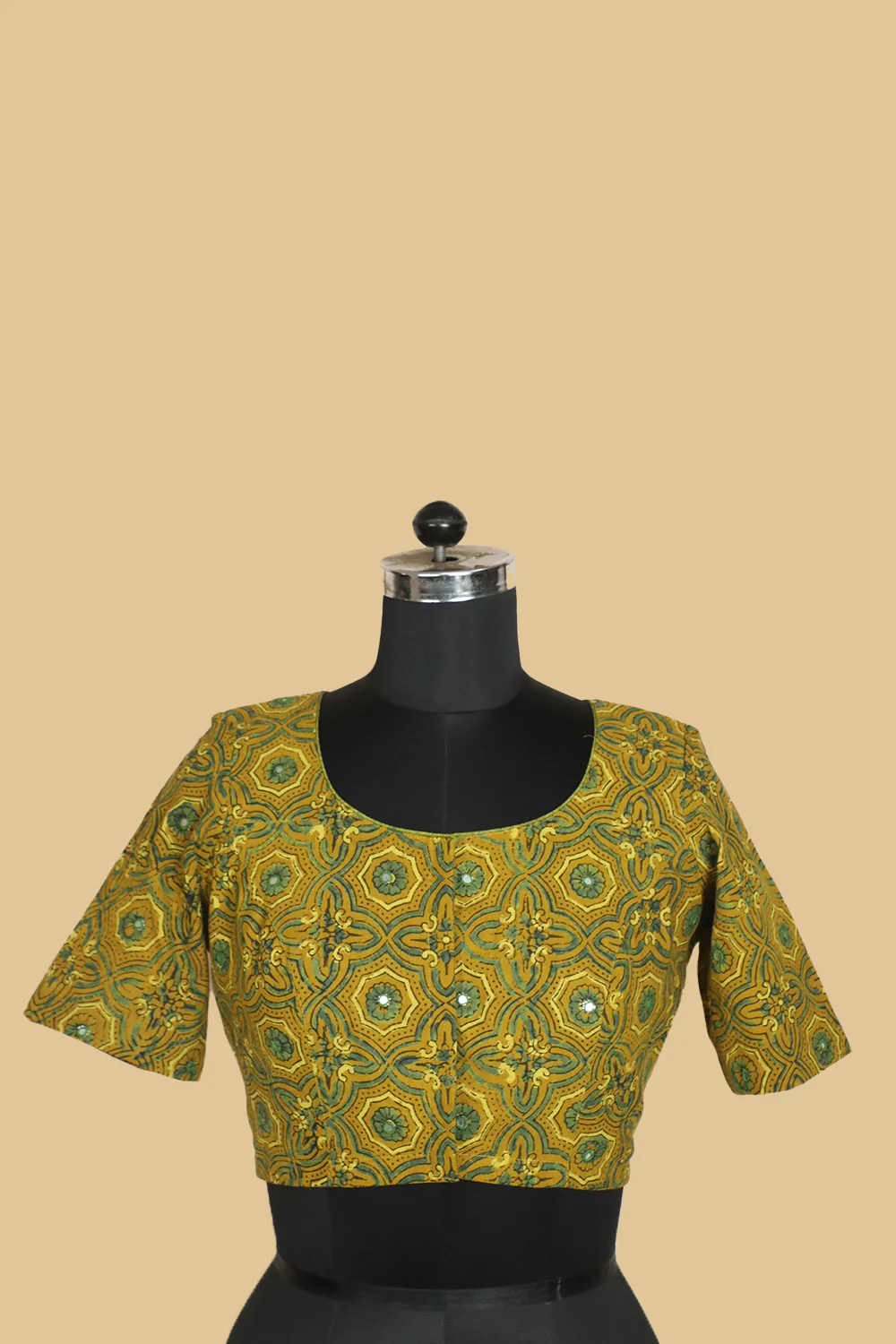 Yellow Ajrak Mirror Work Boondi Button Stitched Blouse - 34,36,38,40,42 - Image 3