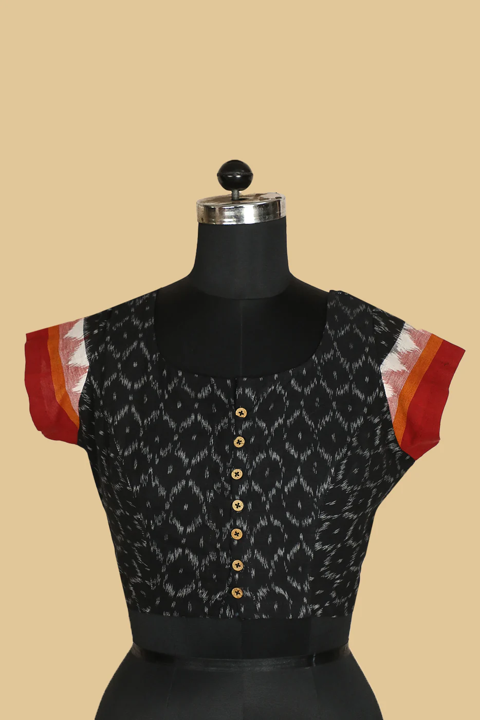 Black Ikat Cap Sleeve Stitched Blouse - 34,36,48,40,42 - Image 3