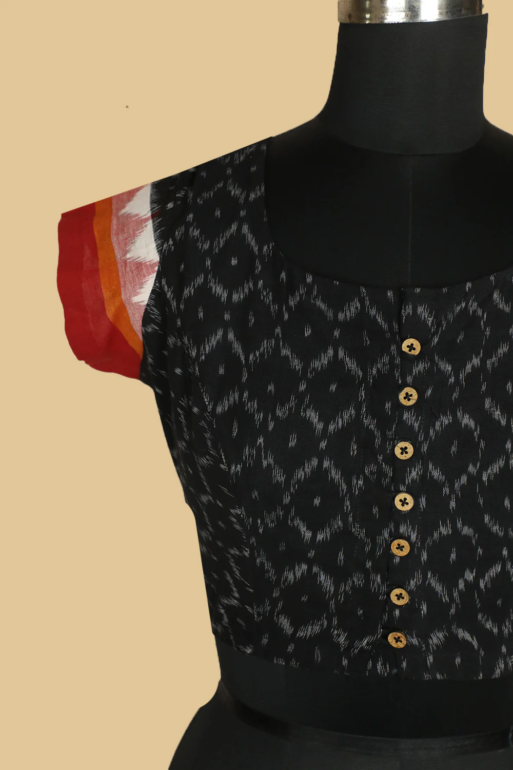 Black Ikat Cap Sleeve Stitched Blouse - 34,36,48,40,42 - Image 5