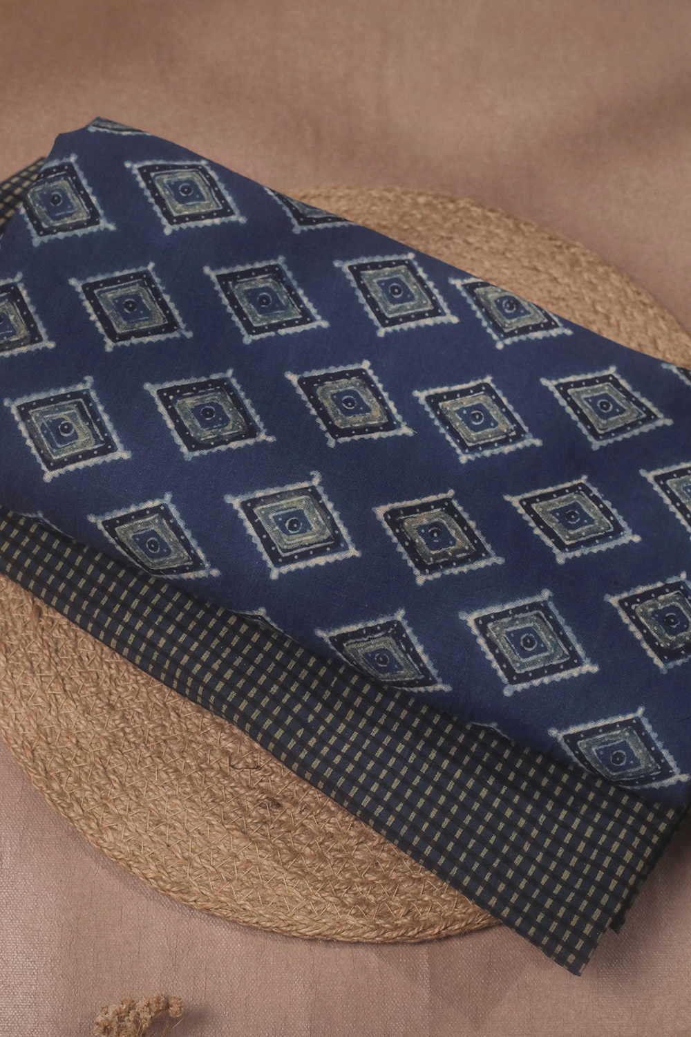 Green Motifs on Indigo Ajrak Cotton Top and Bottom