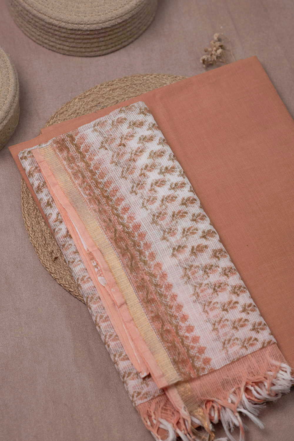 Plain Beige Handwoven Cotton Top & Kota Dupatta - Image 2
