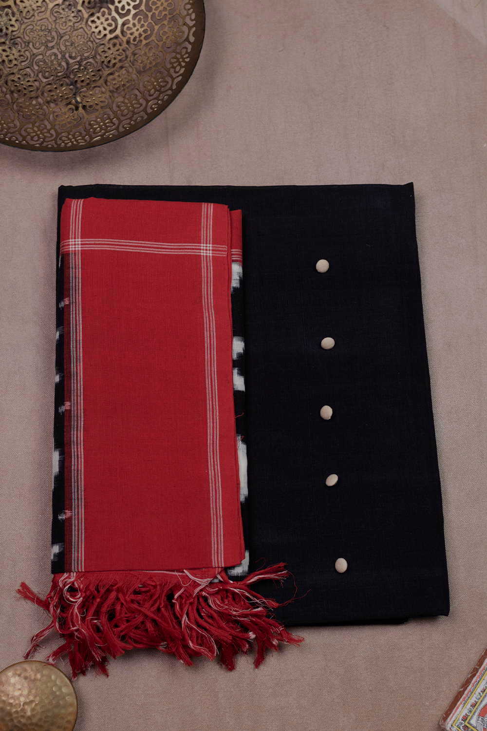 Pitch Black Handwoven Cotton Top & Ikat Dupatta - Image 2