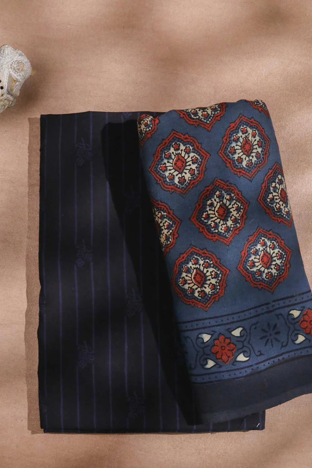 Indigo Lines on Black Ajrak Cotton Top & Dupatta