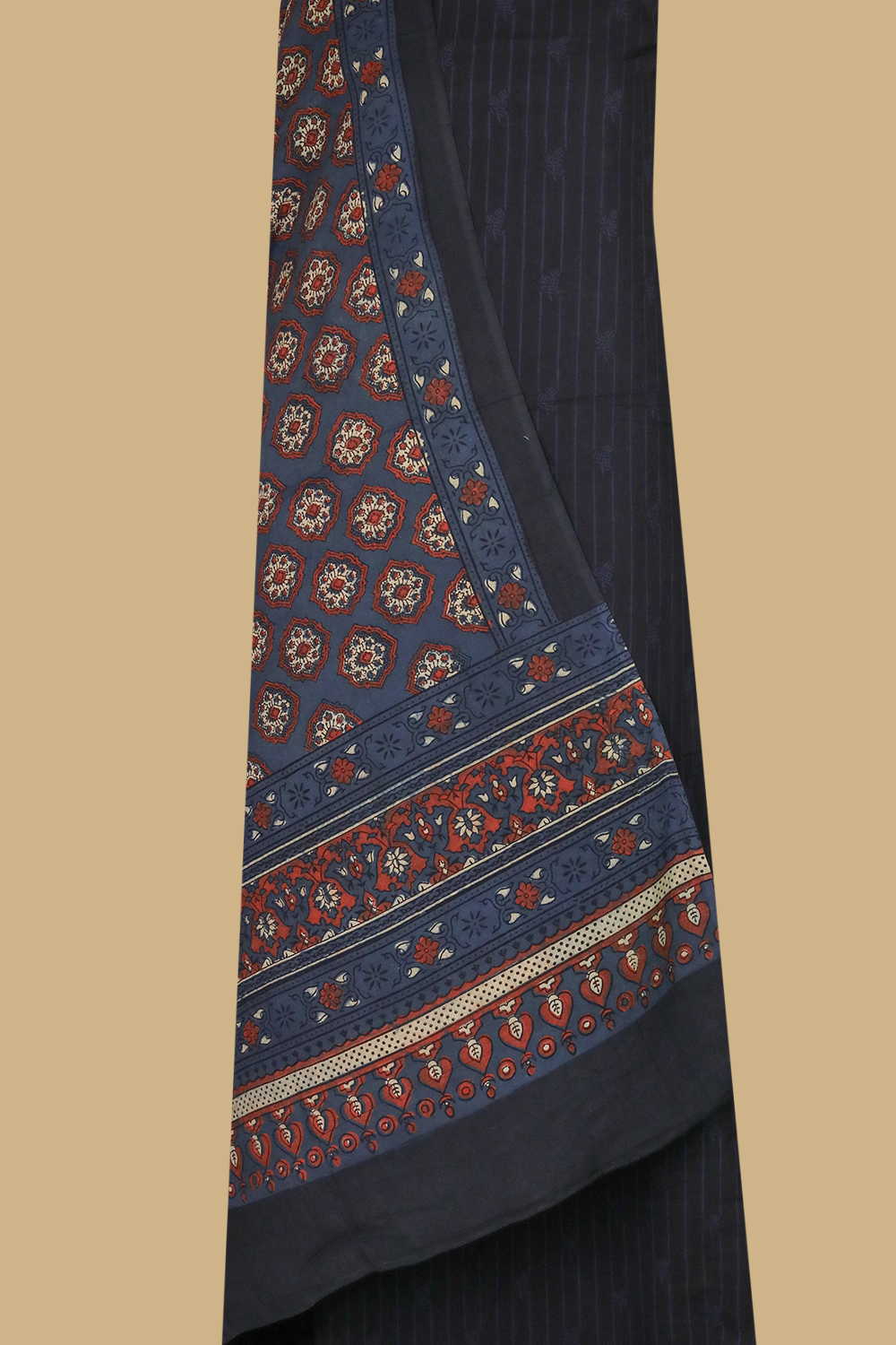 Indigo Lines on Black Ajrak Cotton Top & Dupatta - Image 2