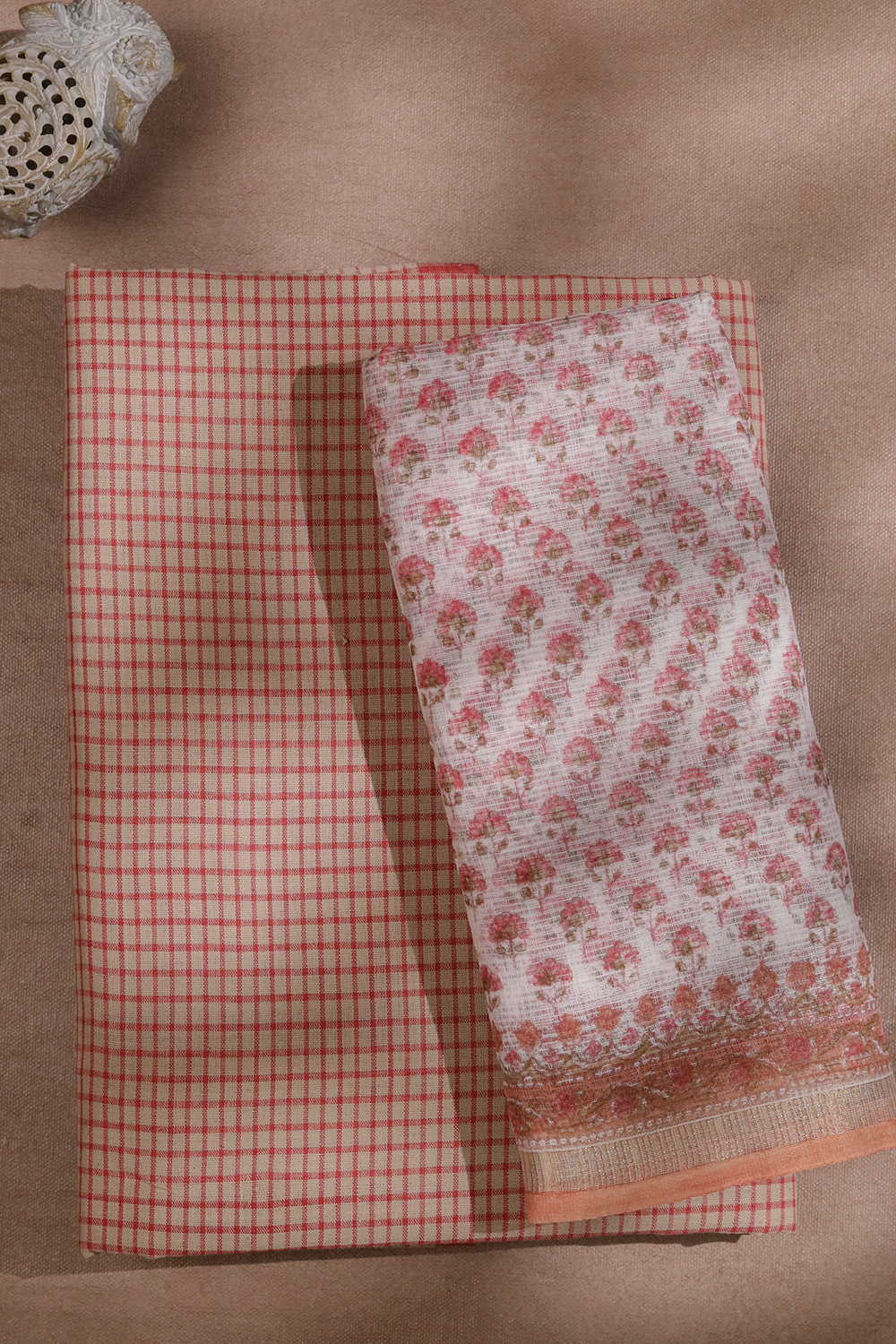 Pink Checks on Cream Handspun Top & Kota Dupatta