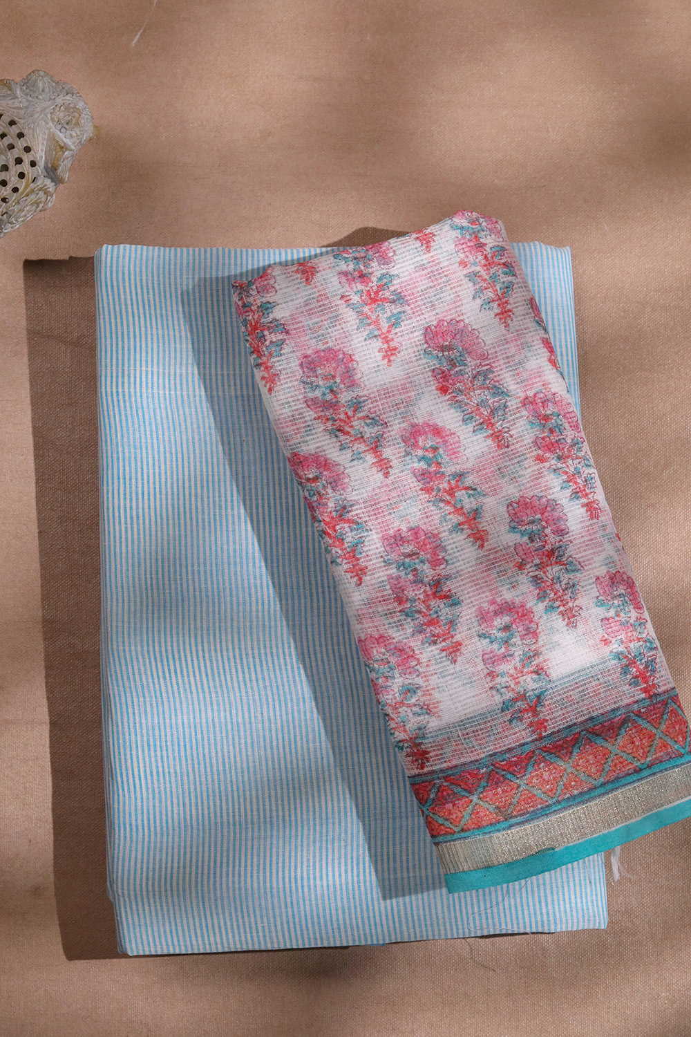 Blue Stripees on Cream Mangalgiri Top & Kota Dupatta - Image 2