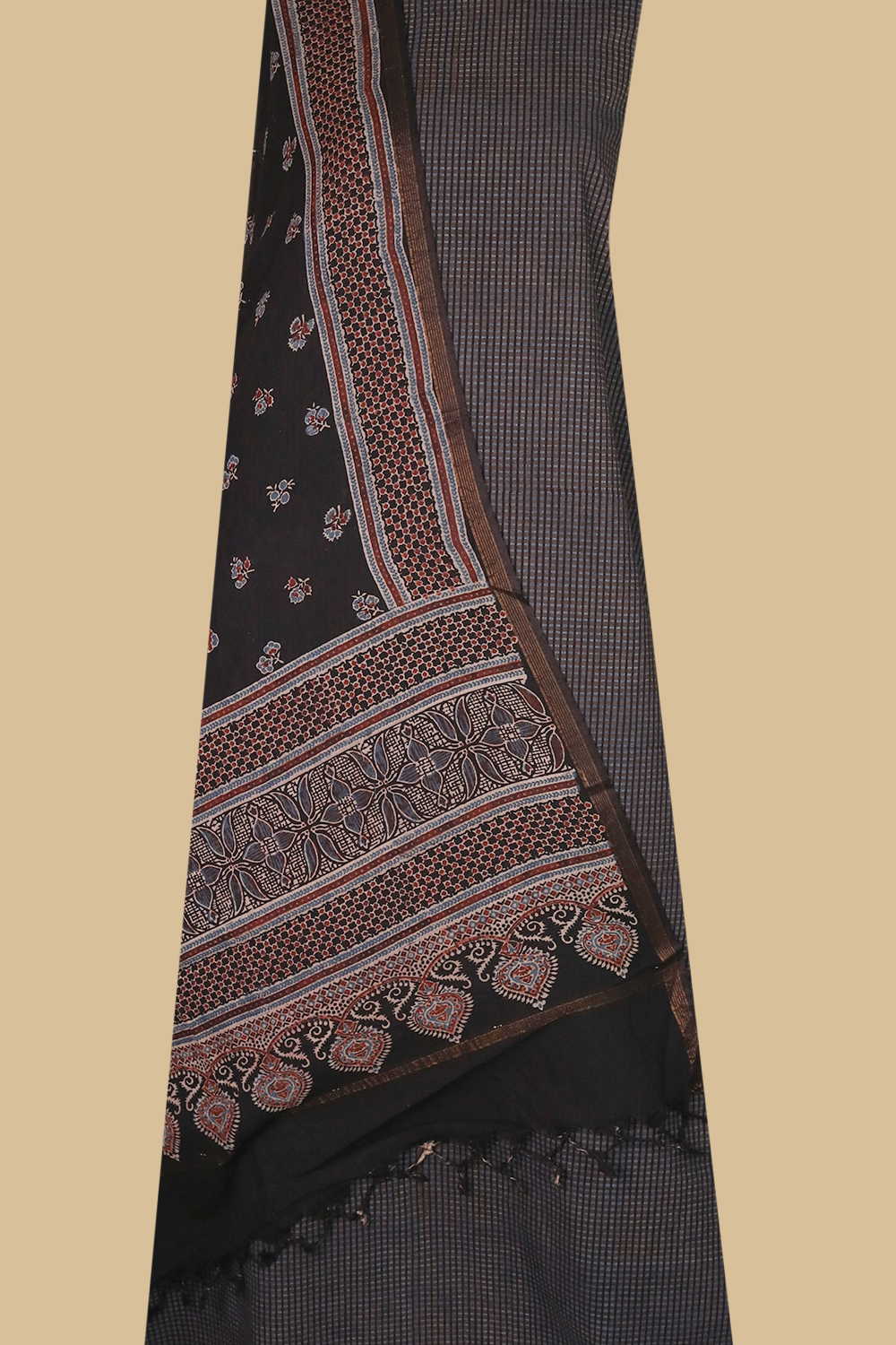 Grey Checks Ajrak Cotton Top & Dupatta